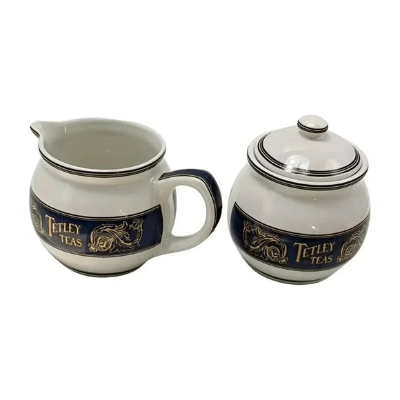 Tetley Tea Lot 2 Cream and Sugar Bowl White Blue Gold  Ceramic 1980s - Picture 3 of 9